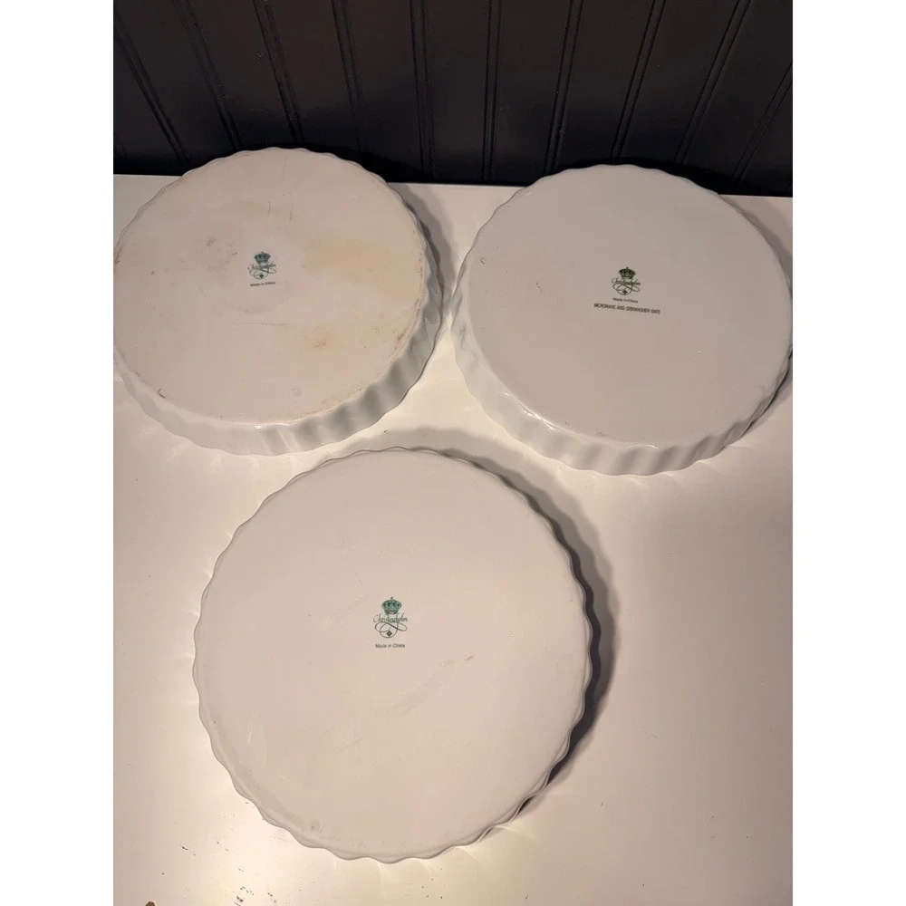 Set of 3 Christineholm Rose Floral Porcelain Quiche Tart Pans 9.5 Inch Fluted